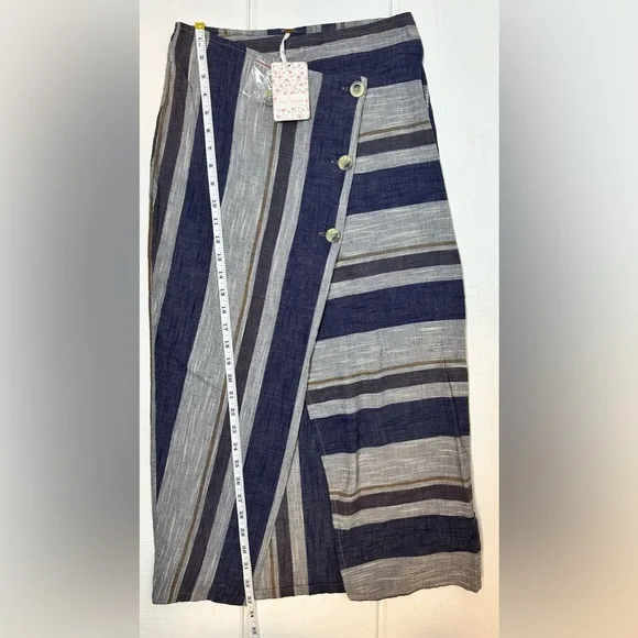 Free People NWT Blue Striped Asymmetrical Wrap Big Sur Midi Skirt Sz 2 - Picture 12 of 12